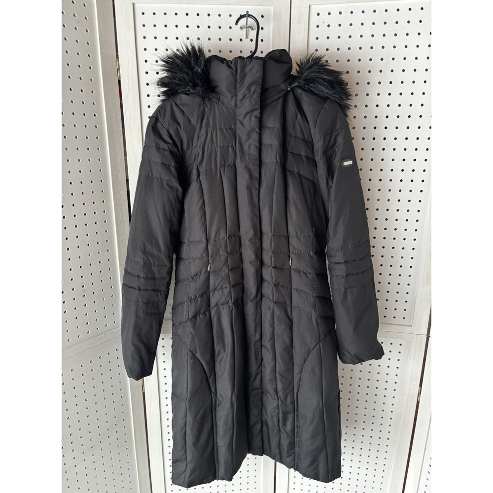 Calvin Klein Puffer Jacket Women's Small Black Duck Down Coat Parka Fur Hood Zip